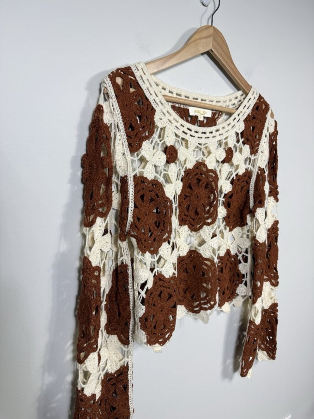 Rebellion Again Crochet Sweater Womens L Brown White Floral Open Boho Festival - Picture 4 of 11